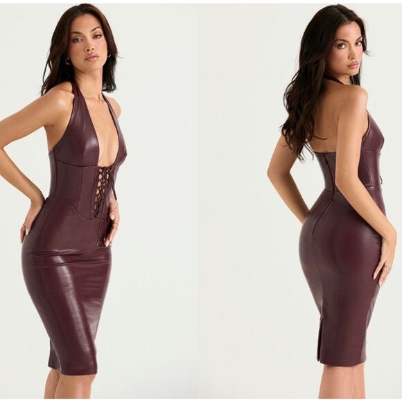 House of CB JAQUETTA Wine Vegan Leather MINI Dress Small - Picture 2 of 12